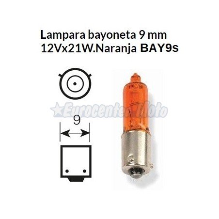 Lámpara bayoneta naranja 12v 21W descentrada BAY9s.