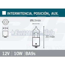 Lámpara bayoneta naranja 12v 10W 9mm centrada BA9s.