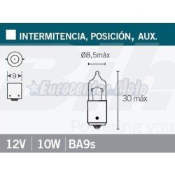 Lámpara bayoneta naranja 12v 10W 9mm centrada BA9s.