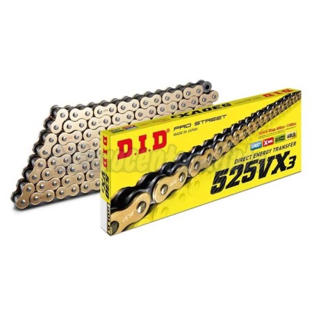 Cadena DID VX3 525x114p. Con retenes y cierre de remache. Oro