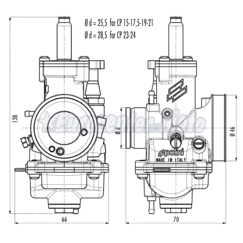 Carburador Polini Racing CP 21 universal 2T (starter manual cable)