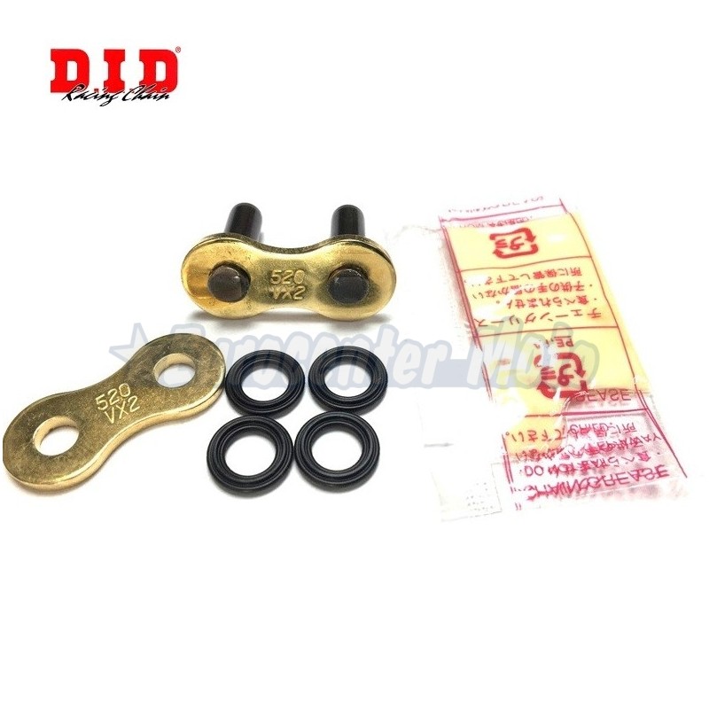 Enganche cadena DID 520 VX3 con retenes y cierre de remache. Oro